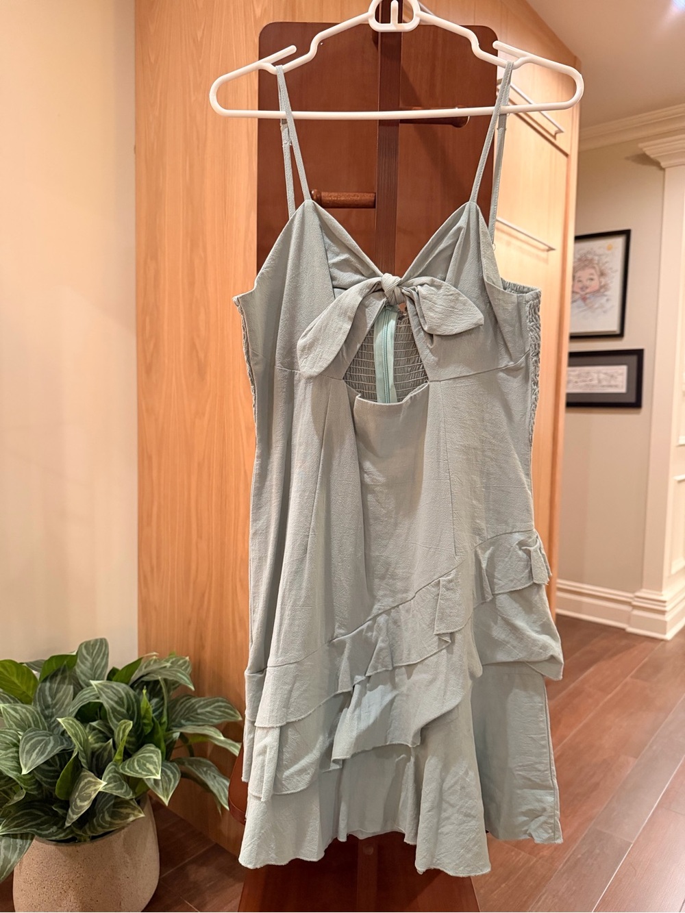 Light Sage Tiered Ruffle Spaghetti Strap Dress with Front Tie